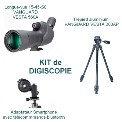 Kit Digiscopie avec longue vue 15-45x60 VESTA 560A et trépied VESTA 203AP et adaptateur smartphone bluetooth VANGUARD